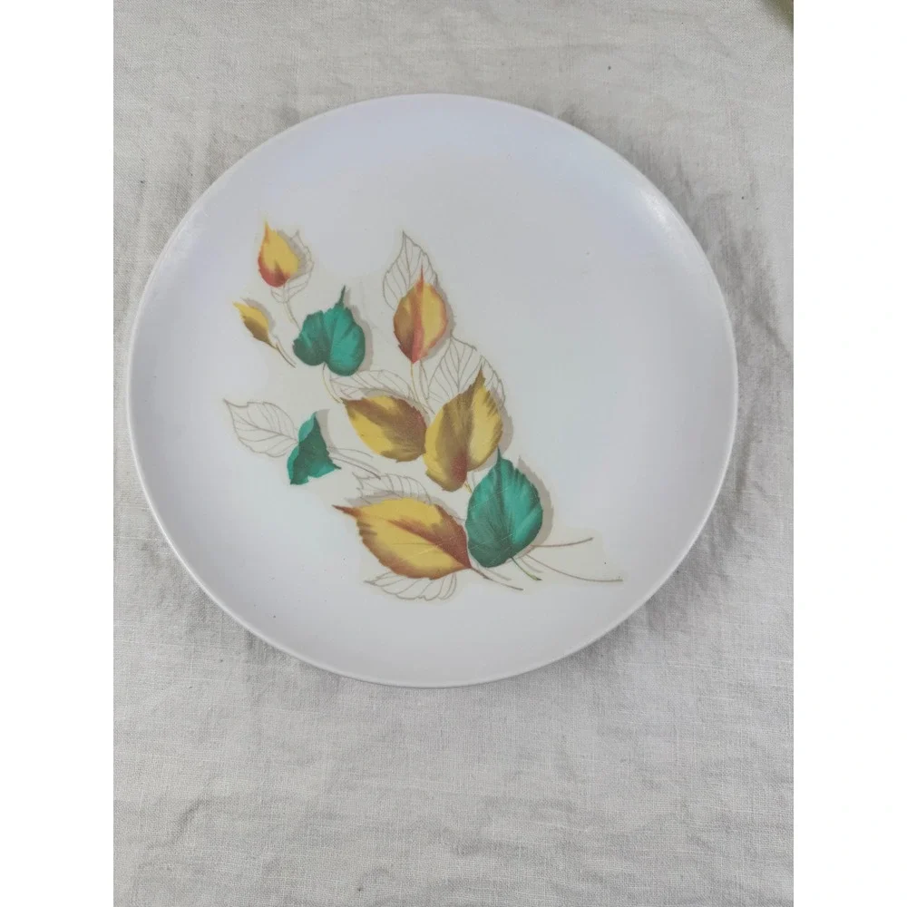 Vintage Stetson Melamine Dinner Plates Set of 4 Autumn Leaves MCM White 10 Inch